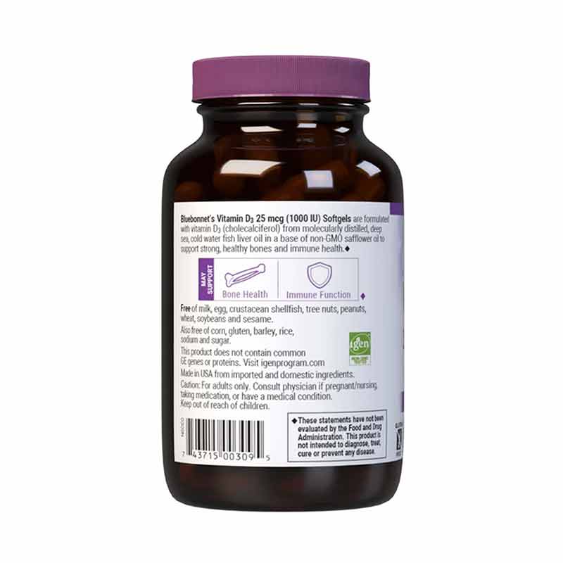 Vitamin D3  25 Mcg (1000 IU), 250 Softgels, by Bluebonnet, image #3