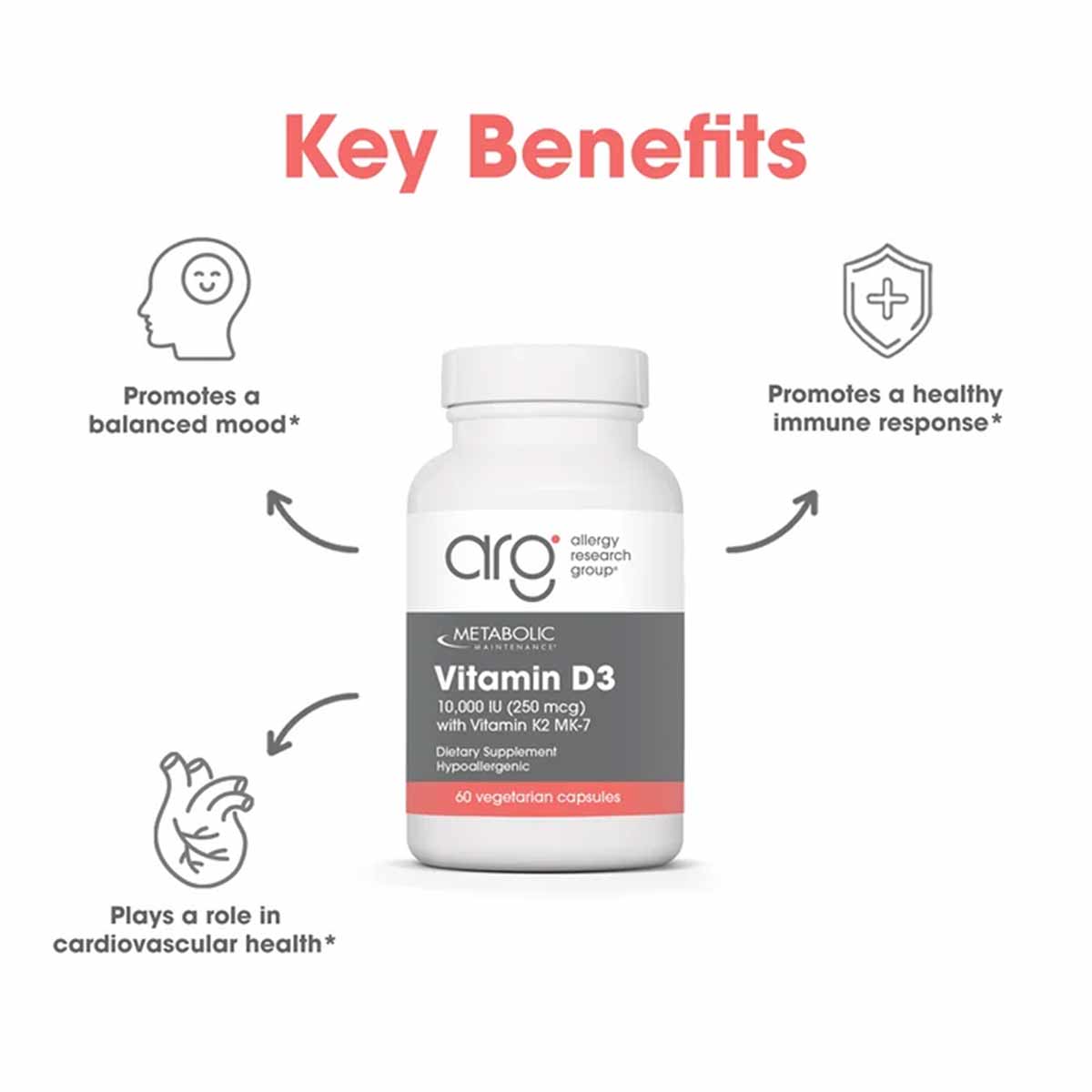Vitamin D3 10,000IU with Vitamin K2 MK-7, 60 Capsules, by Allergy Research Group