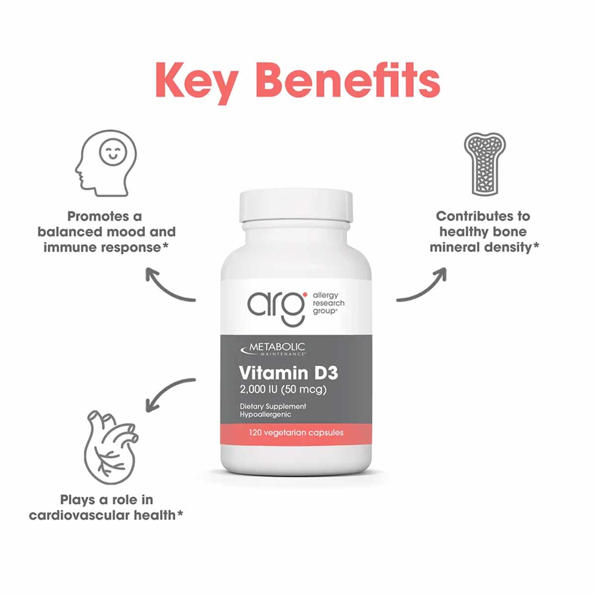 Vitamin D3 2,000 IU, 120 Capsules, by Allergy Research Group