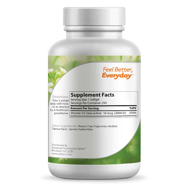Vitamin D3 2000 IU (50mcg), 250 Softgels, by Zahler, image #3