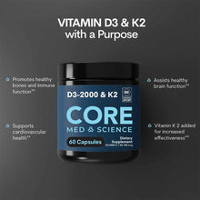 Black bottle of Core Med Science Vitamin D3 2000 IU and K2 dietary supplement capsules with blue label.