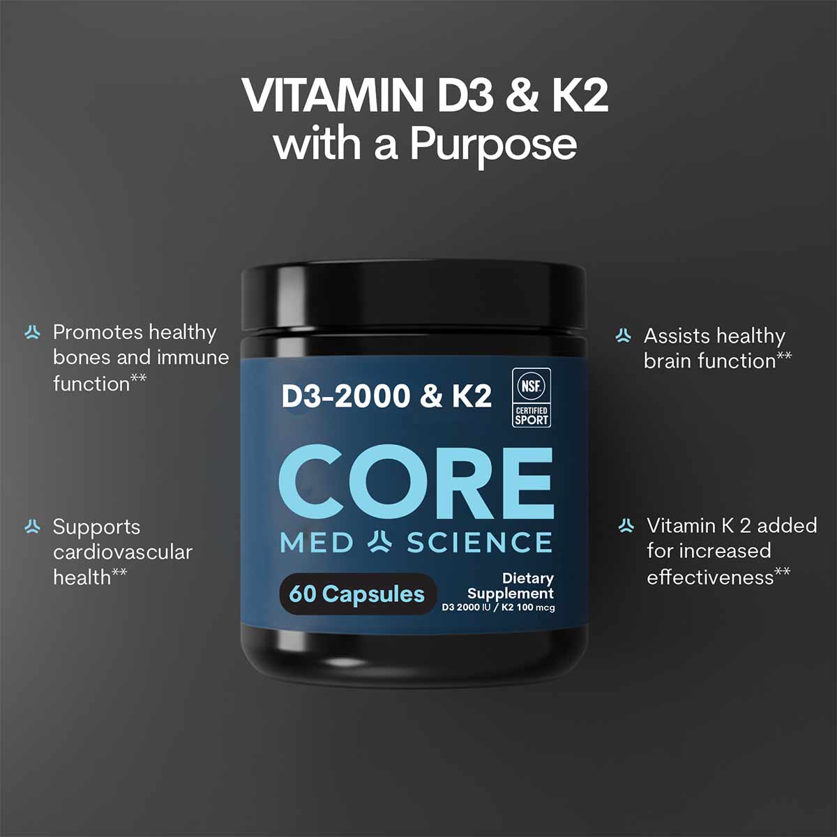 Black bottle of Core Med Science Vitamin D3 2000 IU and K2 dietary supplement capsules with blue label.