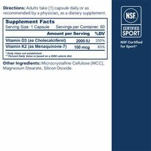 Supplement Facts label showing Vitamin D3 2000 IU and K2 100 mcg per capsule with NSF Certified for Sport badge.