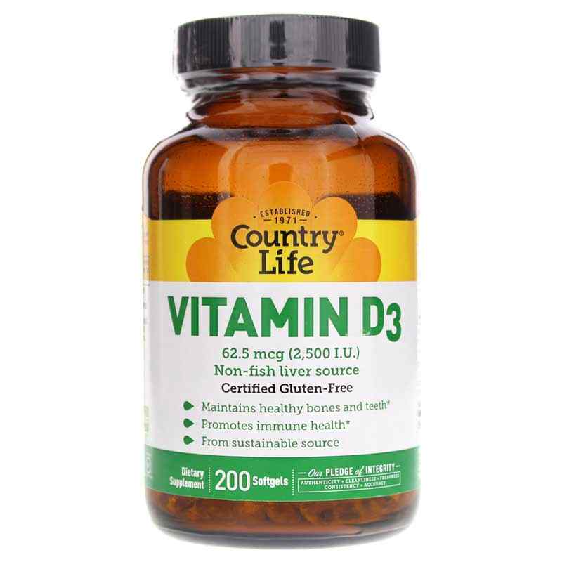 Vitamin D3 2500 IU, 200 Softgels, by Country Life