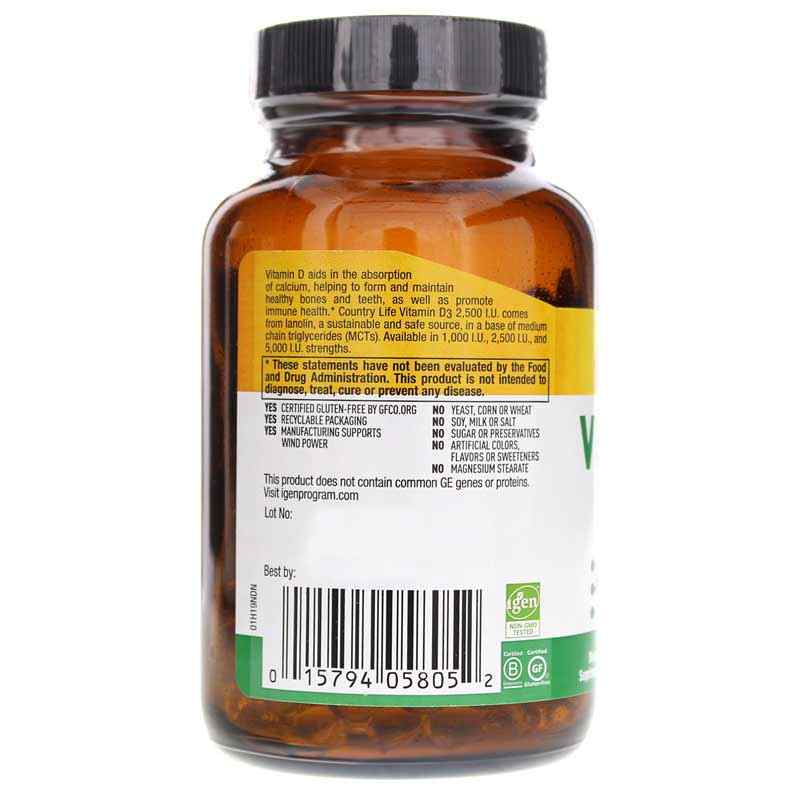 Vitamin D3 2500 IU, 200 Softgels, by Country Life, image #3