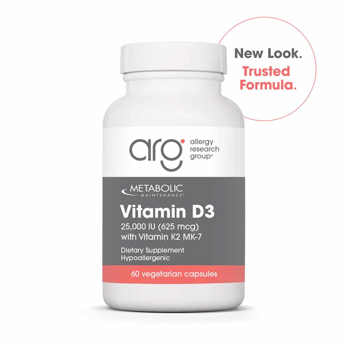 White bottle of Allergy Research Group Vitamin D3 25,000 IU with Vitamin K2 MK-7, 60 vegetarian capsules.