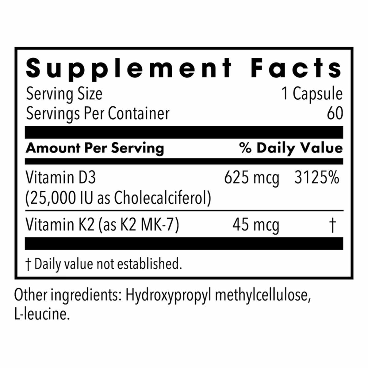Supplement Facts label listing Vitamin D3 25,000 IU and Vitamin K2 MK-7 per capsule, 60 servings per container.