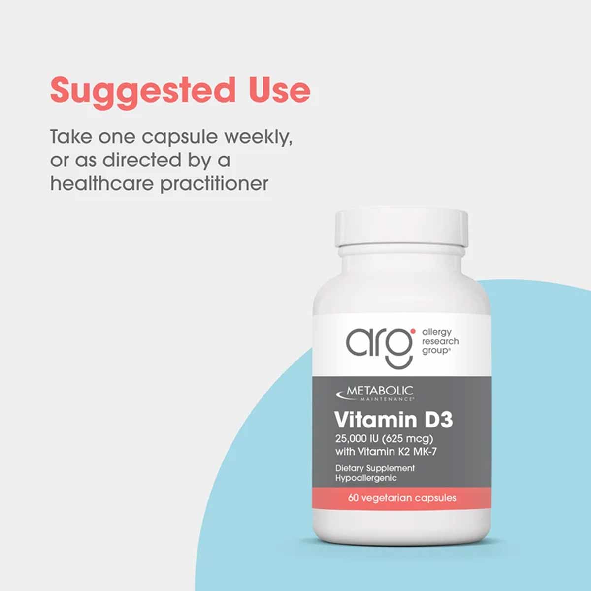 White bottle of Allergy Research Group Vitamin D3 25,000 IU with Vitamin K2 MK-7, 60 vegetarian capsules.
