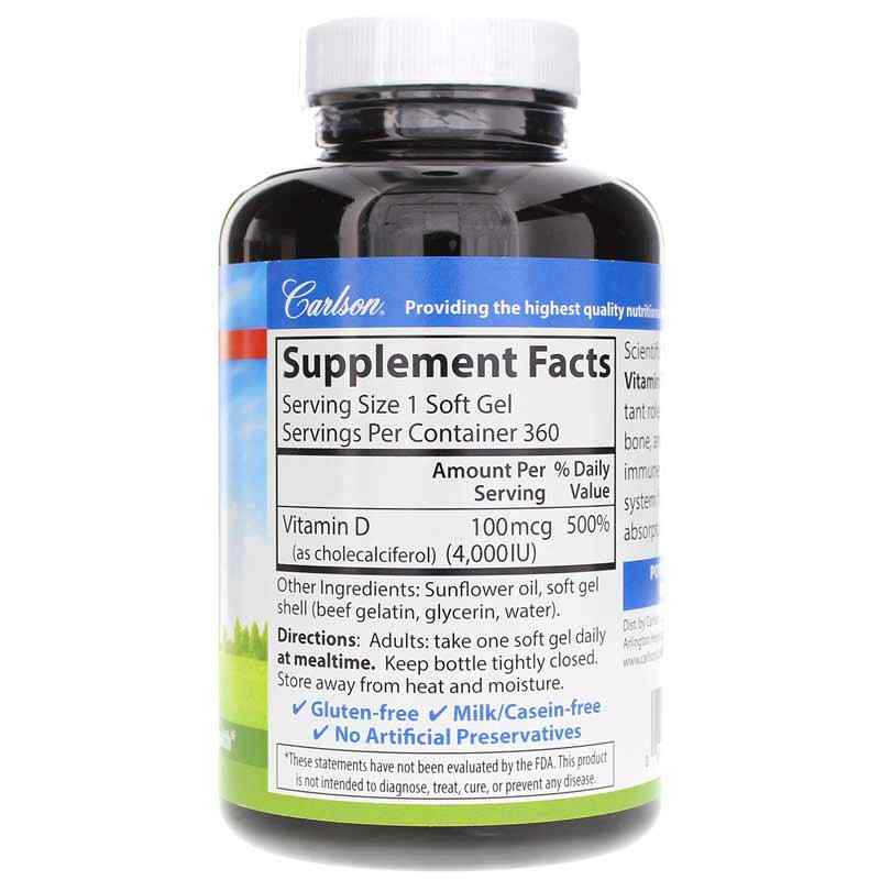 Vitamin D3 4000 IU, 360 Softgels, by Carlson Labs, image #2