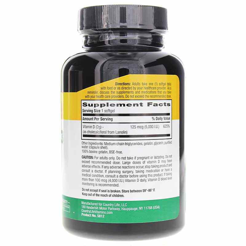 Vitamin D3 5000 IU, 365 Softgels, by Country Life, image #2