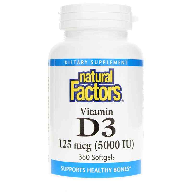 Vitamin D3 125 Mcg (5000 IU), 360 Softgels, by Natural Factors