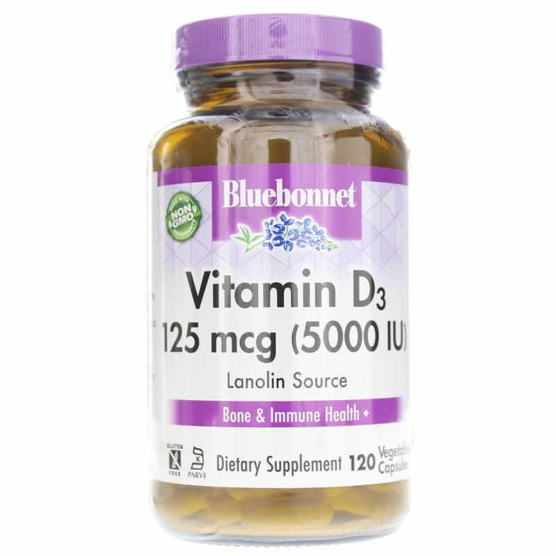 Vitamin D3 5000 IU, 120 Veg Capsules, by Bluebonnet
