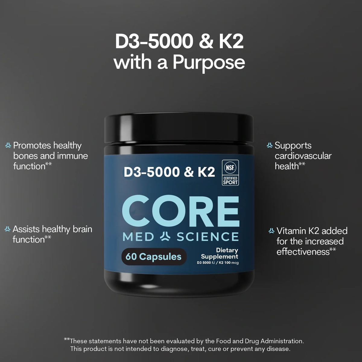 Vitamin D3 5000 IU & K2 Capsules, 60 ct, by Core Med Science