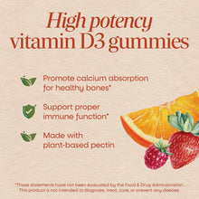 Beige product packaging for vitamin D3 gummies with red text and illustrations of orange slices, strawberry, and raspberry.