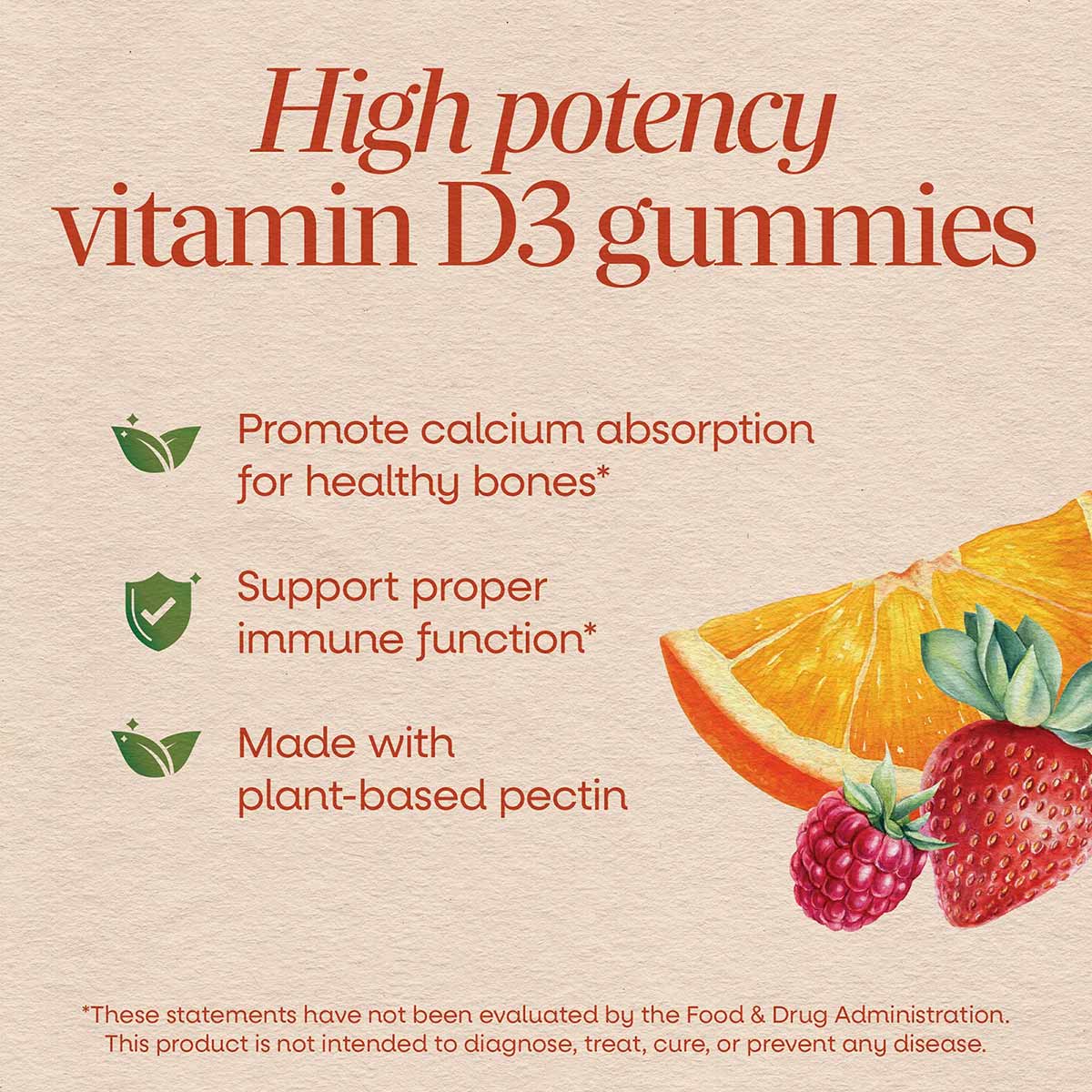 Beige product packaging for vitamin D3 gummies with red text and illustrations of orange slices, strawberry, and raspberry.
