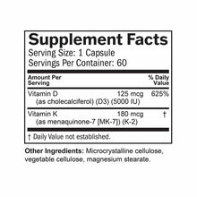 Supplement Facts label showing Vitamin D3 125 mcg and Vitamin K2 180 mcg per capsule serving.