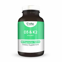 Dark glass bottle with green and white label reading "D3 & K2, K2 as MK-7, 60 Vegetarian Tablets, Dietary Supplement" by nhc.