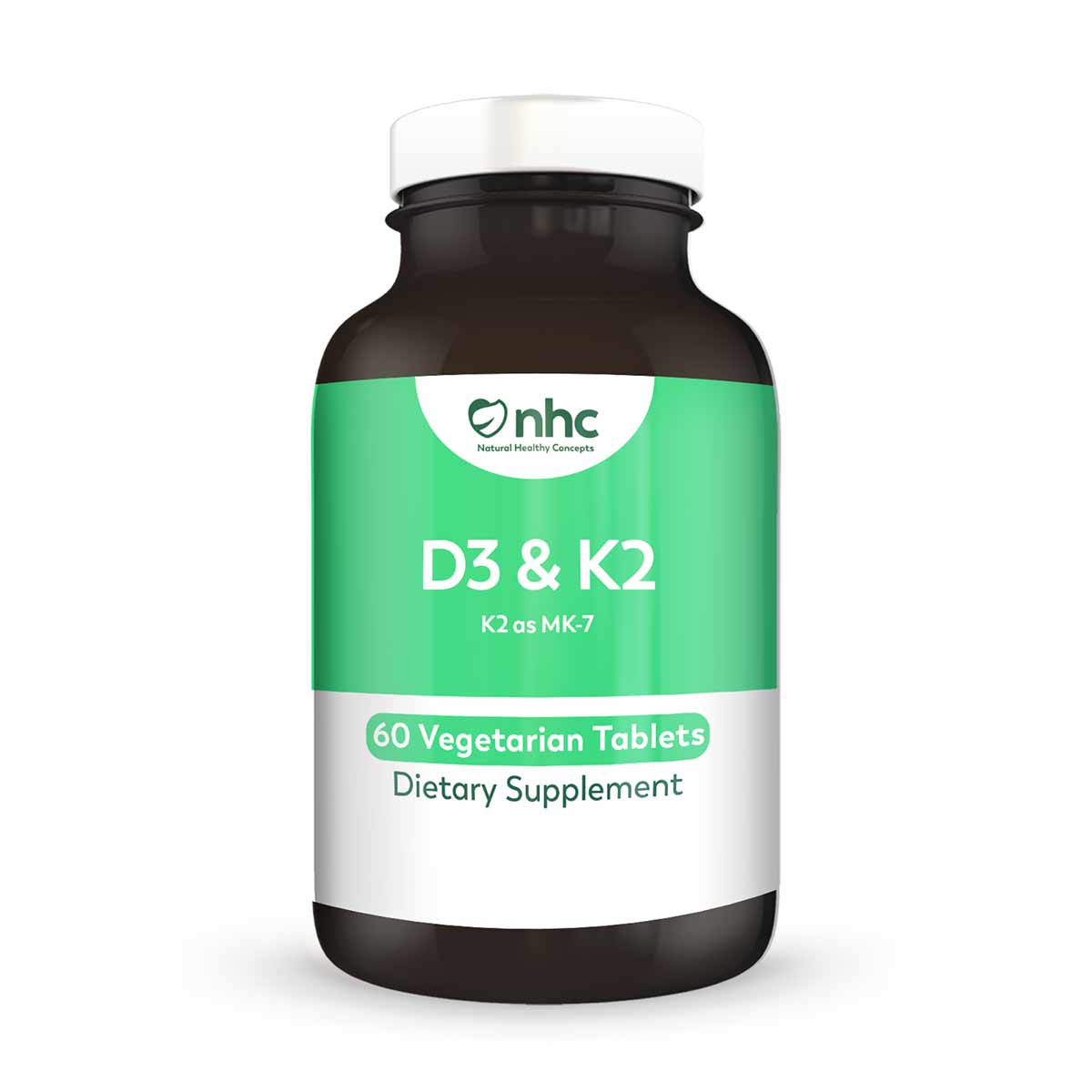 Dark glass bottle with green and white label reading "D3 & K2, K2 as MK-7, 60 Vegetarian Tablets, Dietary Supplement" by nhc.