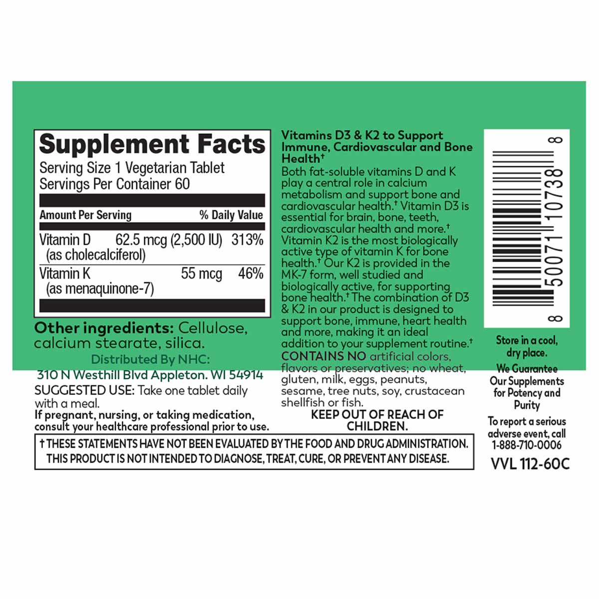 Supplement Facts label for Vitamin D3 & K2 vegetarian tablets with ingredient and dosage information on green background.