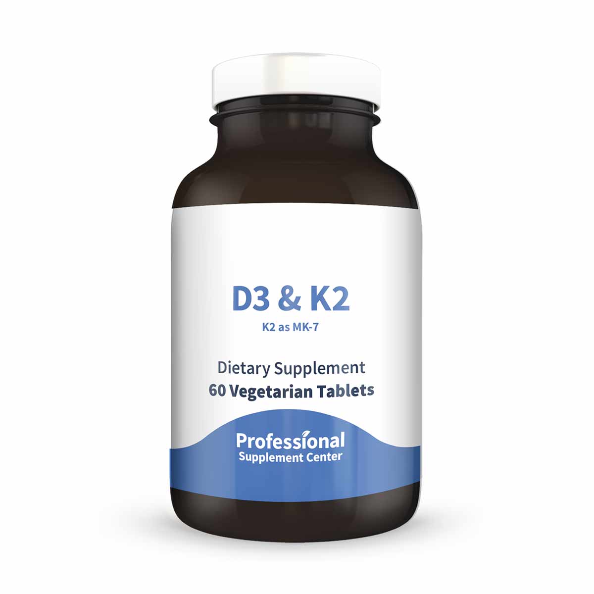 Dark glass bottle with white and blue label reading "D3 & K2, K2 as MK-7, Dietary Supplement, 60 Vegetarian Tablets" by Profe