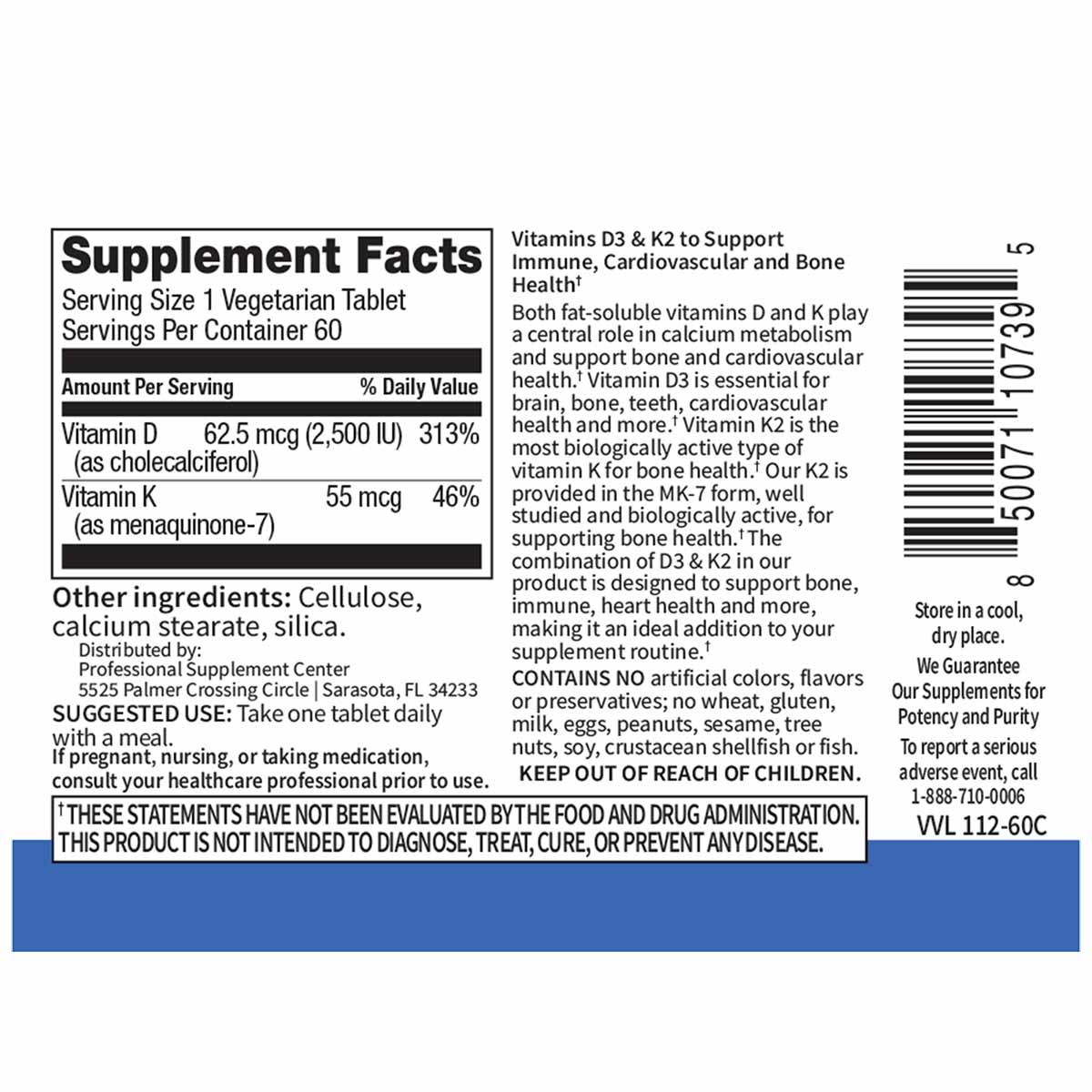 Vitamin D3 & K2 supplement tablet bottle label showing nutrition facts and product information by Professional Supplement Cen