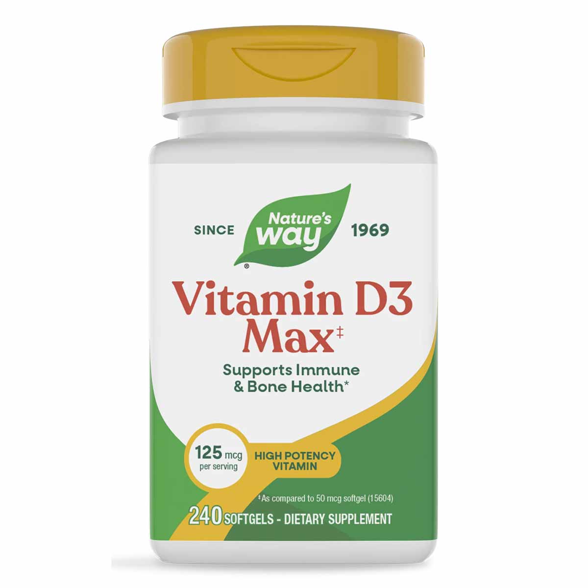 Nature's Way Vitamin D3 Max bottle with gold cap containing 240 softgels at 125 mcg per serving.