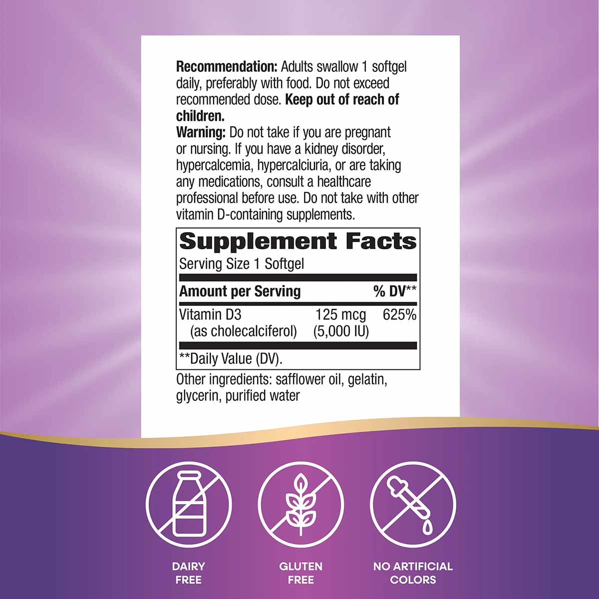Supplement facts label for Vitamin D3 Max 125 mcg softgels with usage instructions and icons indicating dairy free, gluten fr