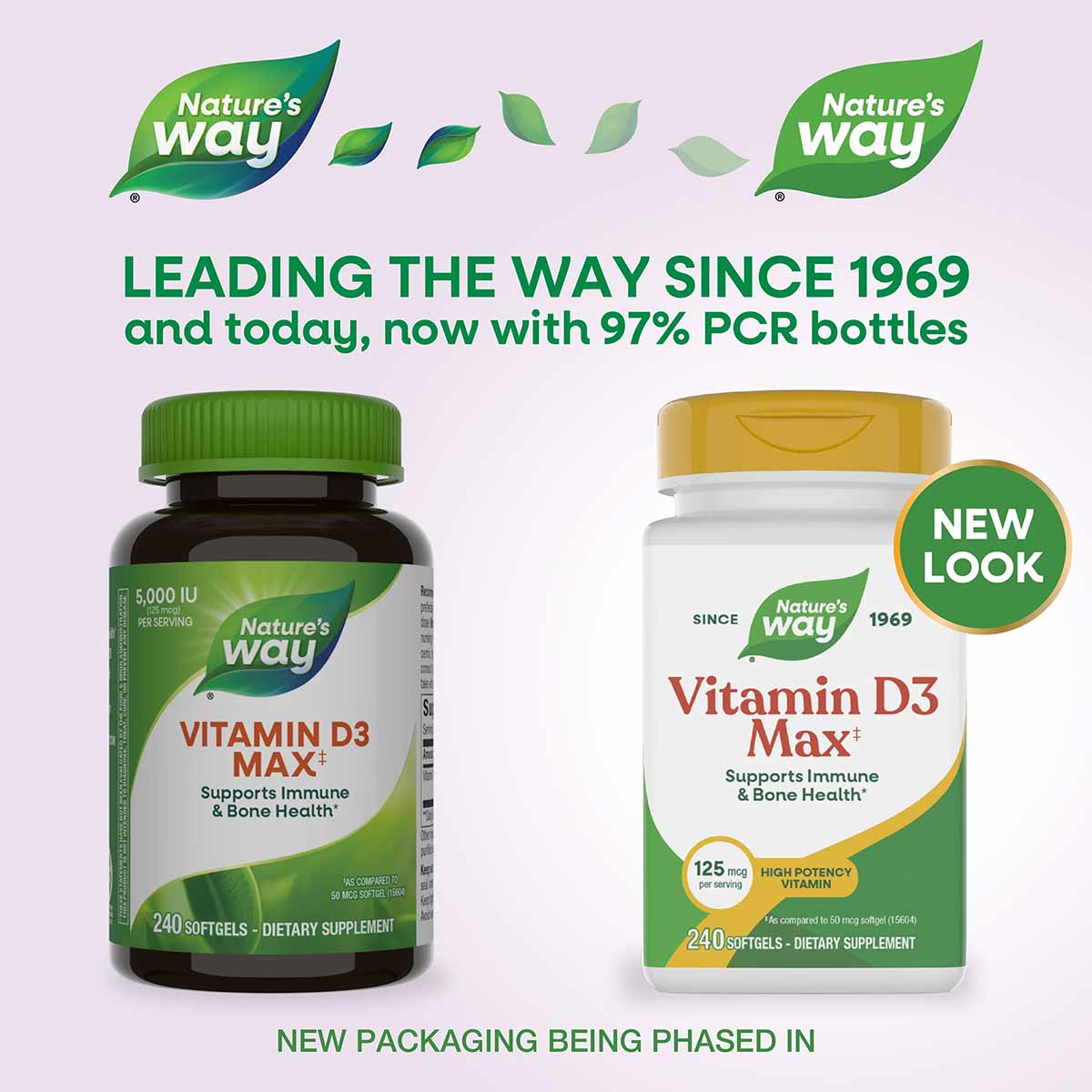 Two Nature's Way Vitamin D3 Max bottles: dark glass bottle with green cap (old packaging) and white bottle with gold cap (new