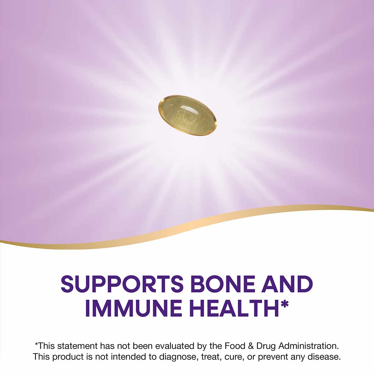 Golden oval vitamin D3 softgel capsule centered against a purple radiant background.
