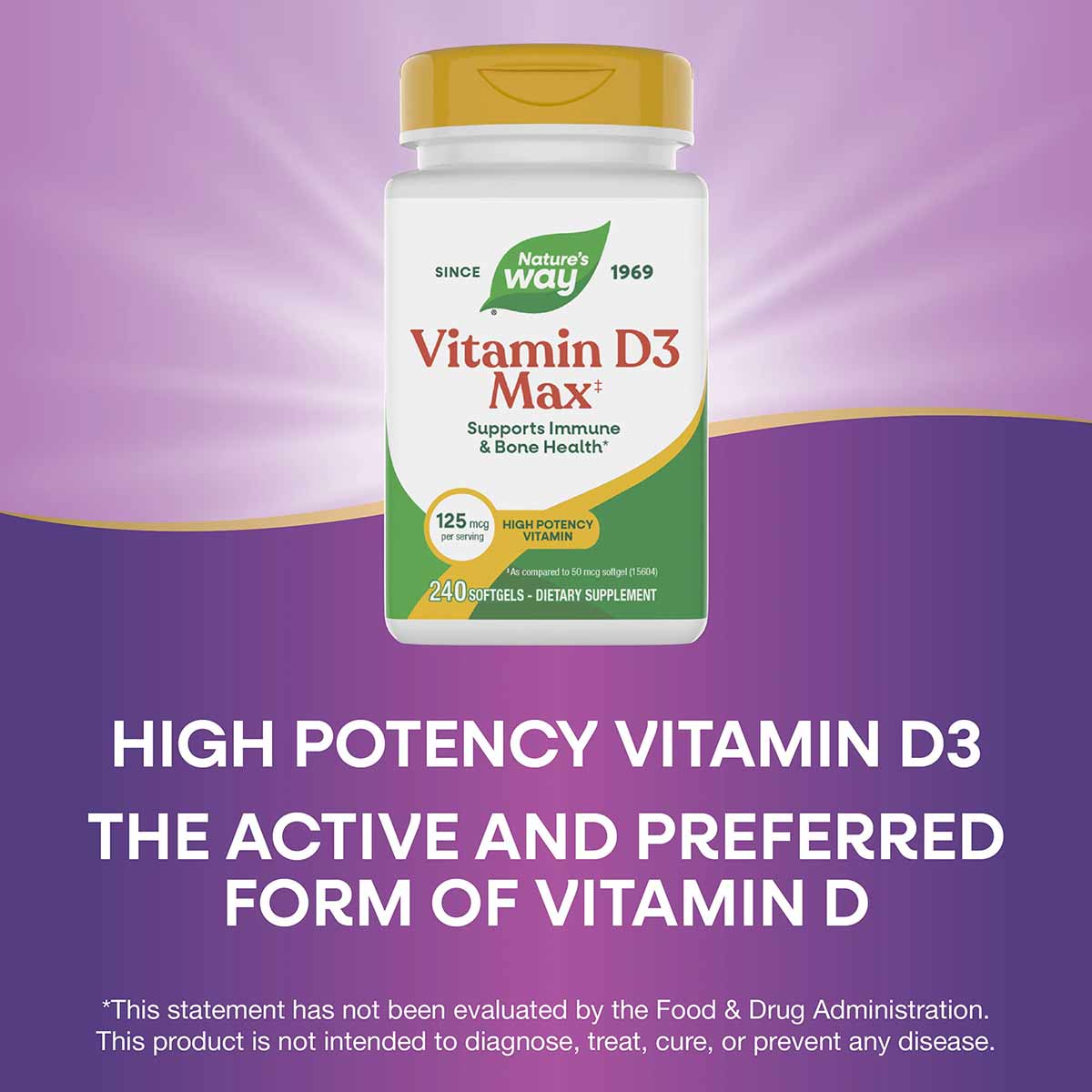 White bottle with gold cap labeled Vitamin D3 Max by Nature's Way, 125 mcg, 240 softgels, on purple background.