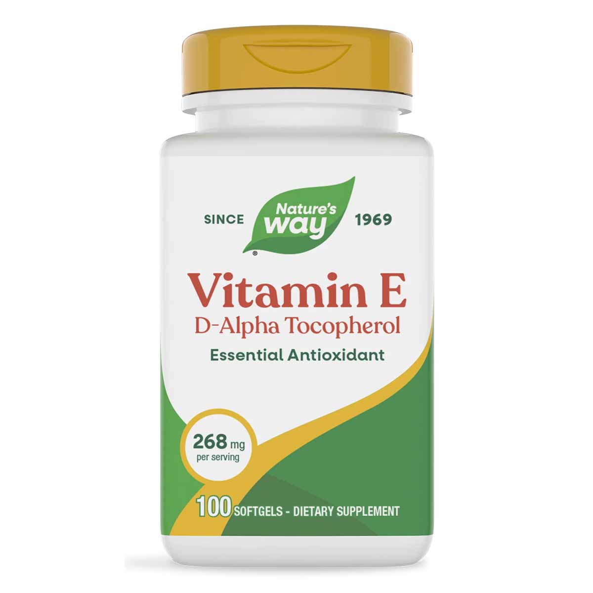 White bottle with gold cap containing Nature's Way Vitamin E D-Alpha Tocopherol softgels, 100 count.