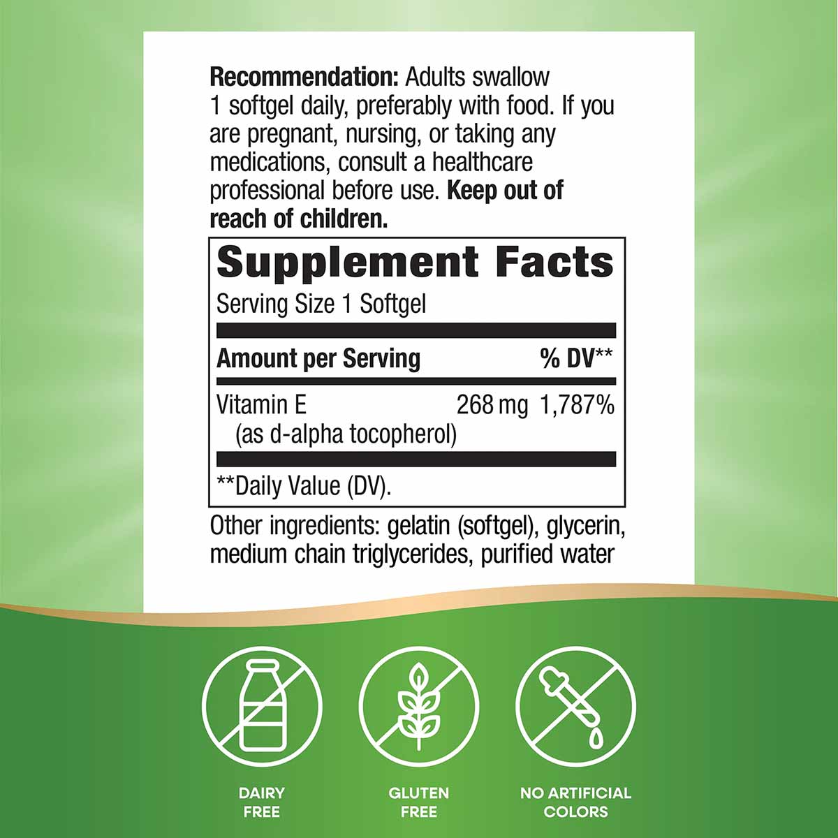 Supplement Facts label for Vitamin E D-Alpha Tocopherol softgels showing 268mg per serving with usage recommendations and ing