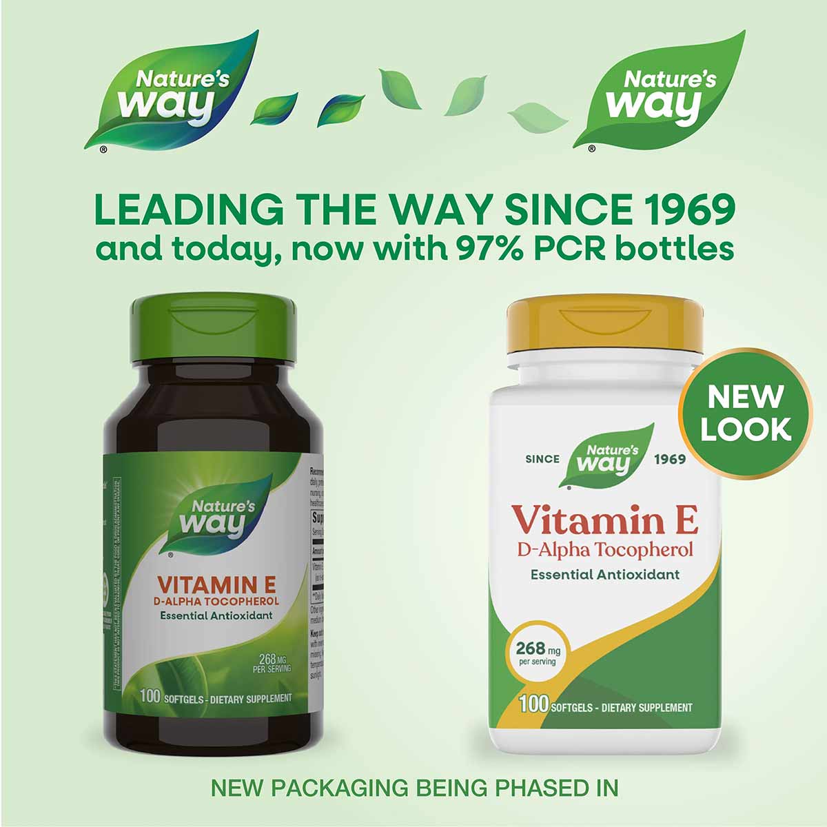 Two Nature's Way Vitamin E D-Alpha Tocopherol bottles: dark green glass bottle and white bottle with gold cap, each containin