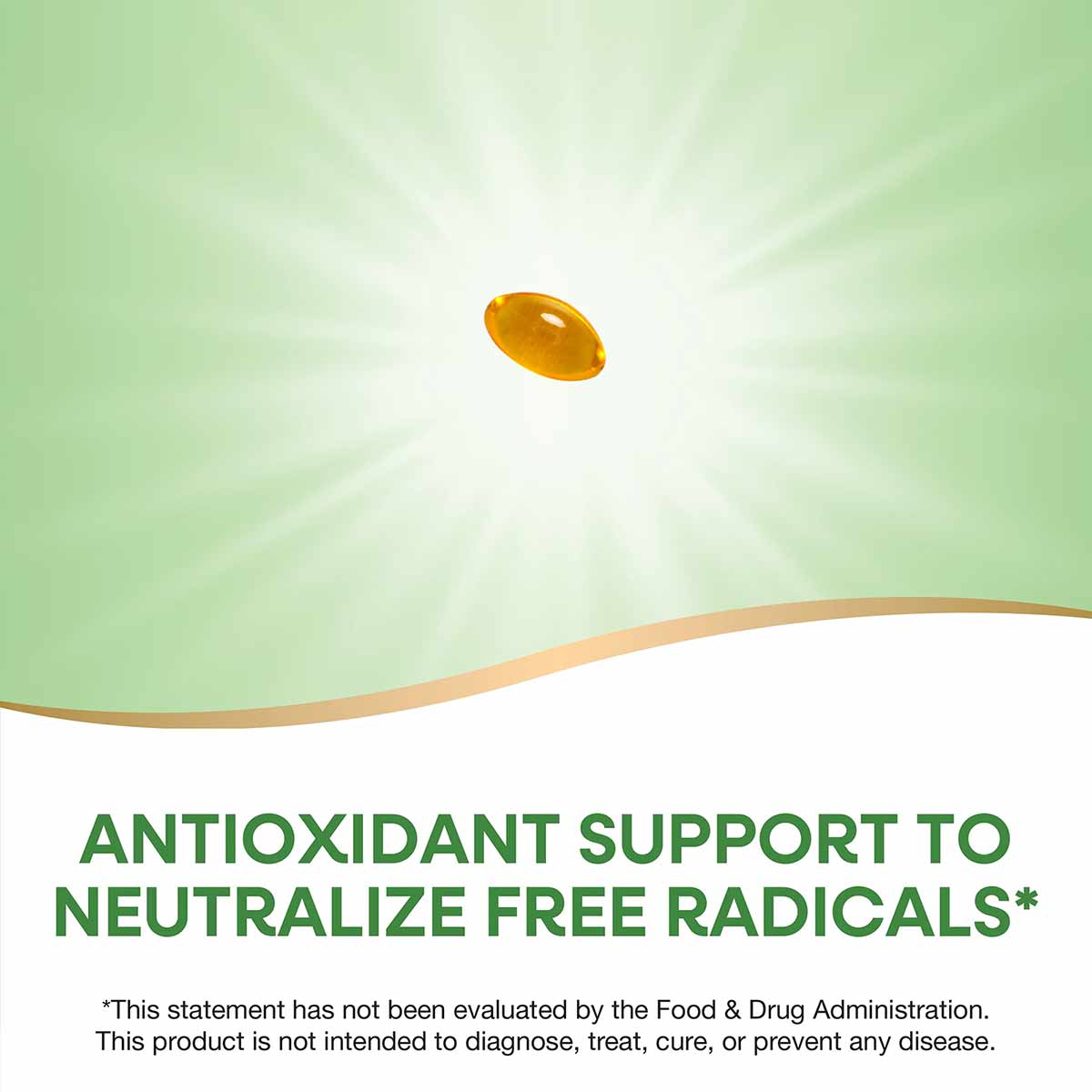 Golden yellow oval softgel capsule on green and white background with radiant light effect.