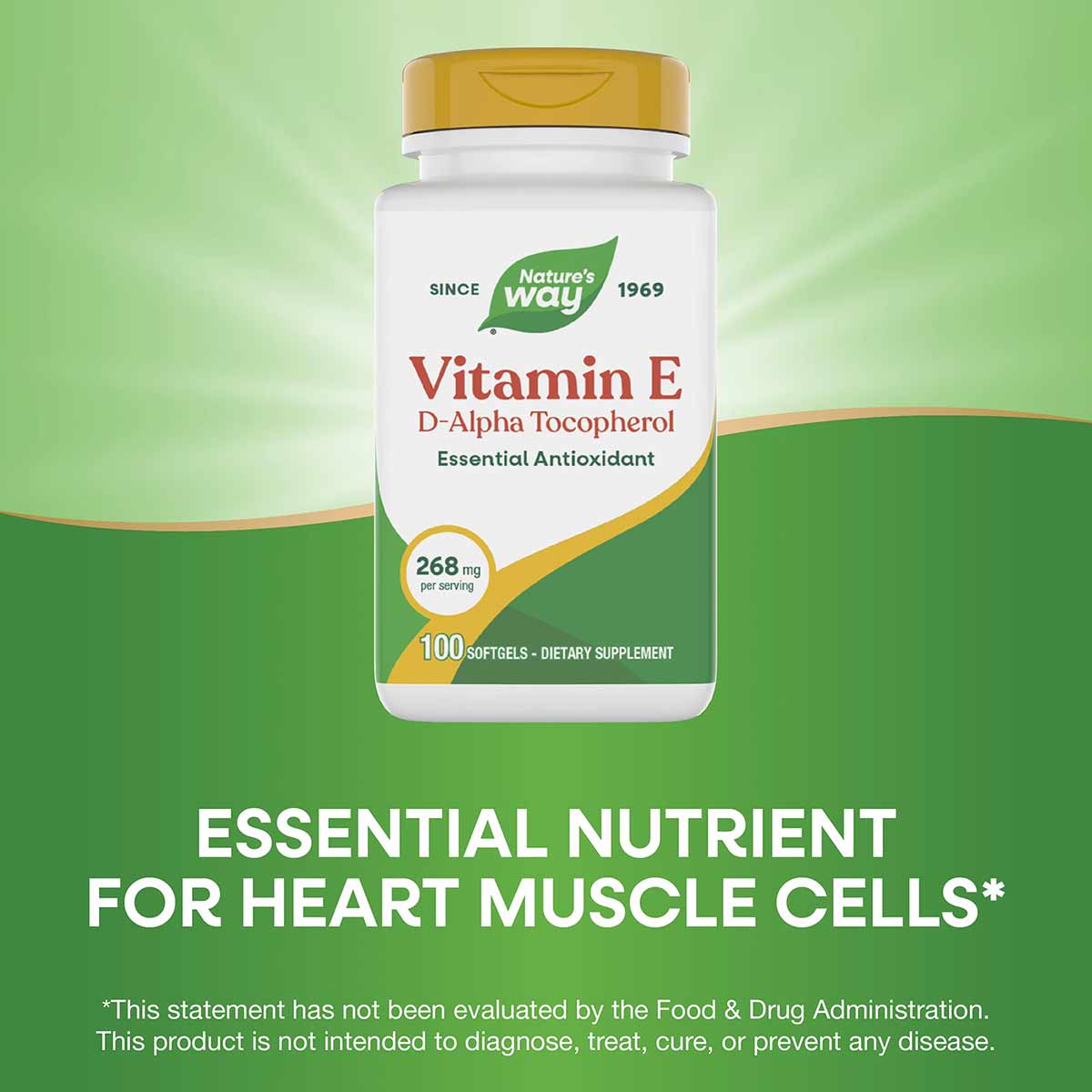 Nature's Way Vitamin E D-Alpha Tocopherol bottle with gold cap containing 100 softgels, 268 mg per serving.