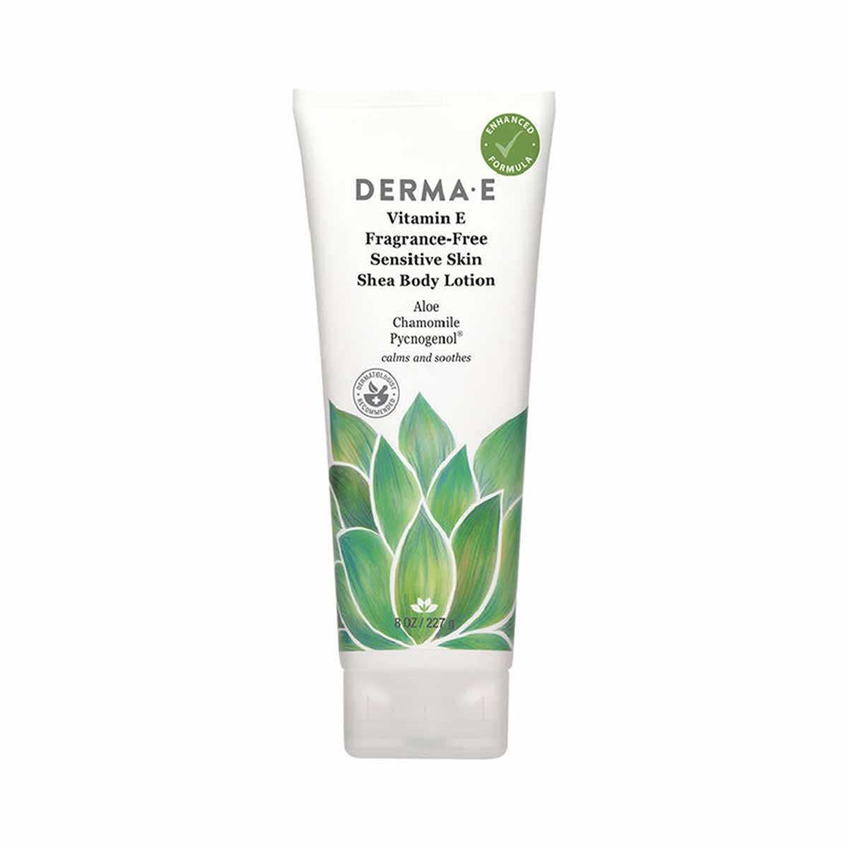 White tube of Derma E Vitamin E Shea Body Lotion with green aloe plant illustration on lower half and product text on upper h