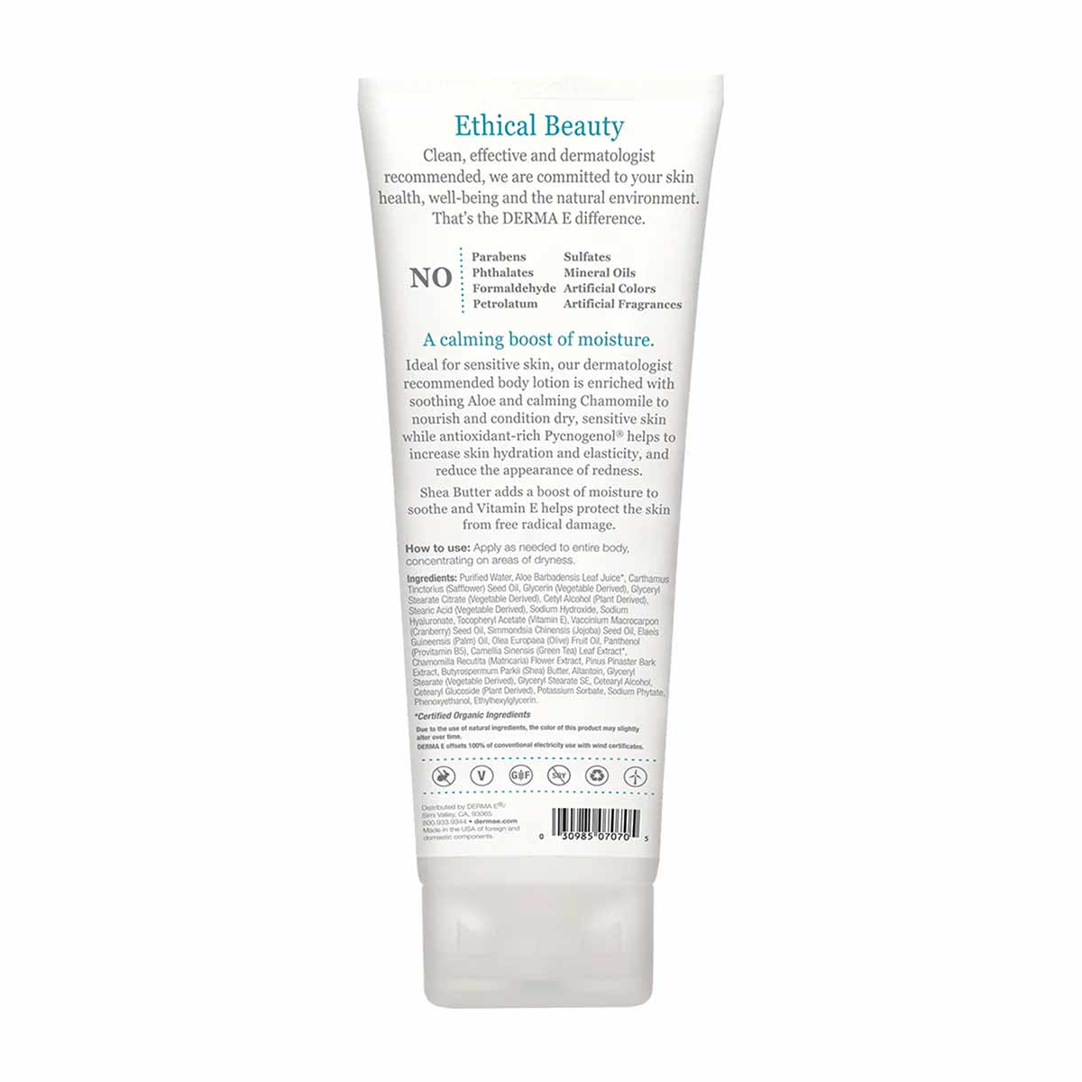 White tube of Derma E Vitamin E Shea Body Lotion with blue and gray text on front label.