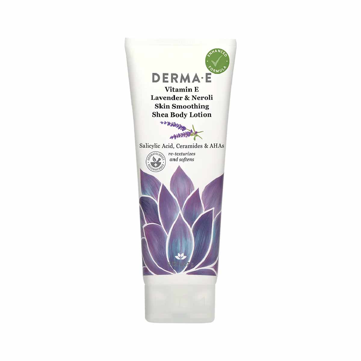 Derma E Vitamin E Lavender & Neroli Shea Body Lotion tube with purple lotus flower illustration on white background.