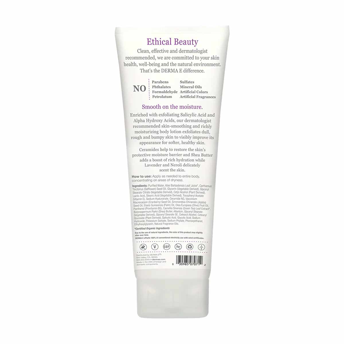 White tube of Derma E body lotion with purple and gray text on the front label describing product benefits and ingredients.
