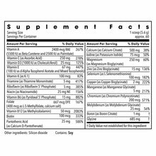 Supplement Facts label listing vitamins A through B12, minerals, and other nutrients with serving size of 1 scoop for 60 serv