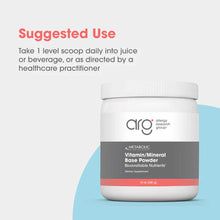 White plastic jar with gray and coral label for Allergy Research Group Vitamin/Mineral Base Powder, 14 oz, with screw-top lid