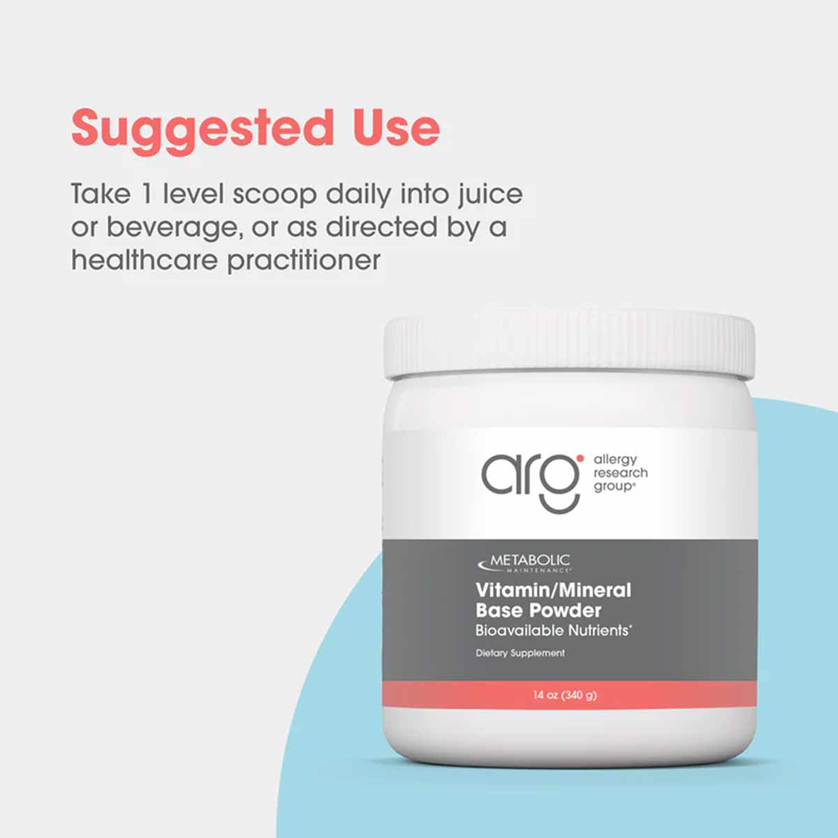 White plastic jar with gray and coral label for Allergy Research Group Vitamin/Mineral Base Powder, 14 oz, with screw-top lid