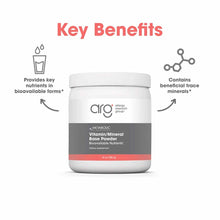White plastic jar with gray and coral label containing Vitamin/Mineral Base Powder by Allergy Research Group, 14 oz.