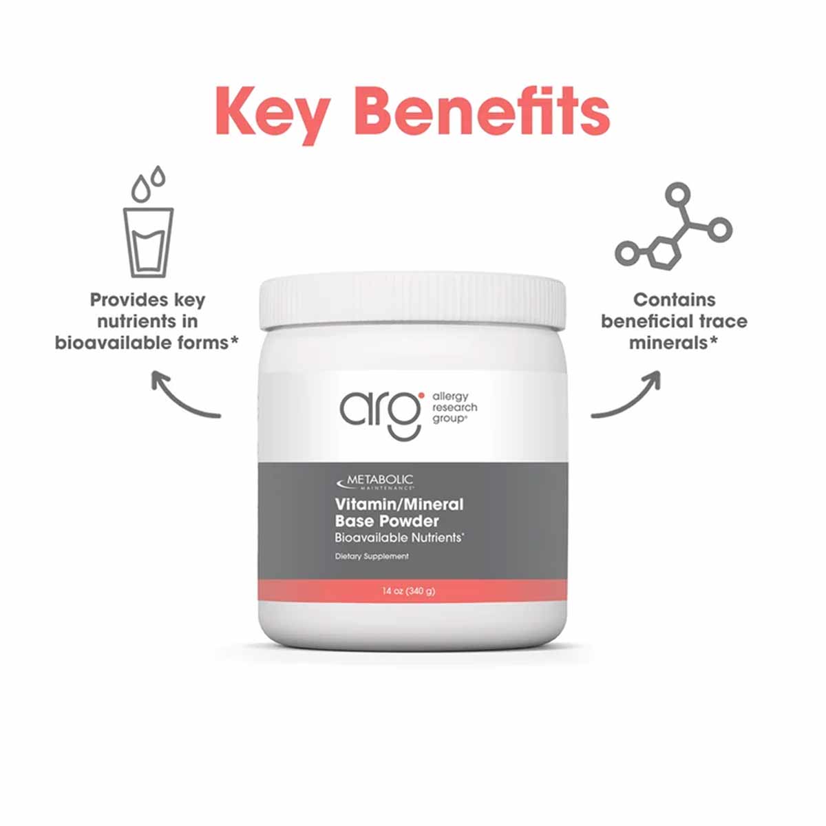 White plastic jar with gray and coral label containing Vitamin/Mineral Base Powder by Allergy Research Group, 14 oz.