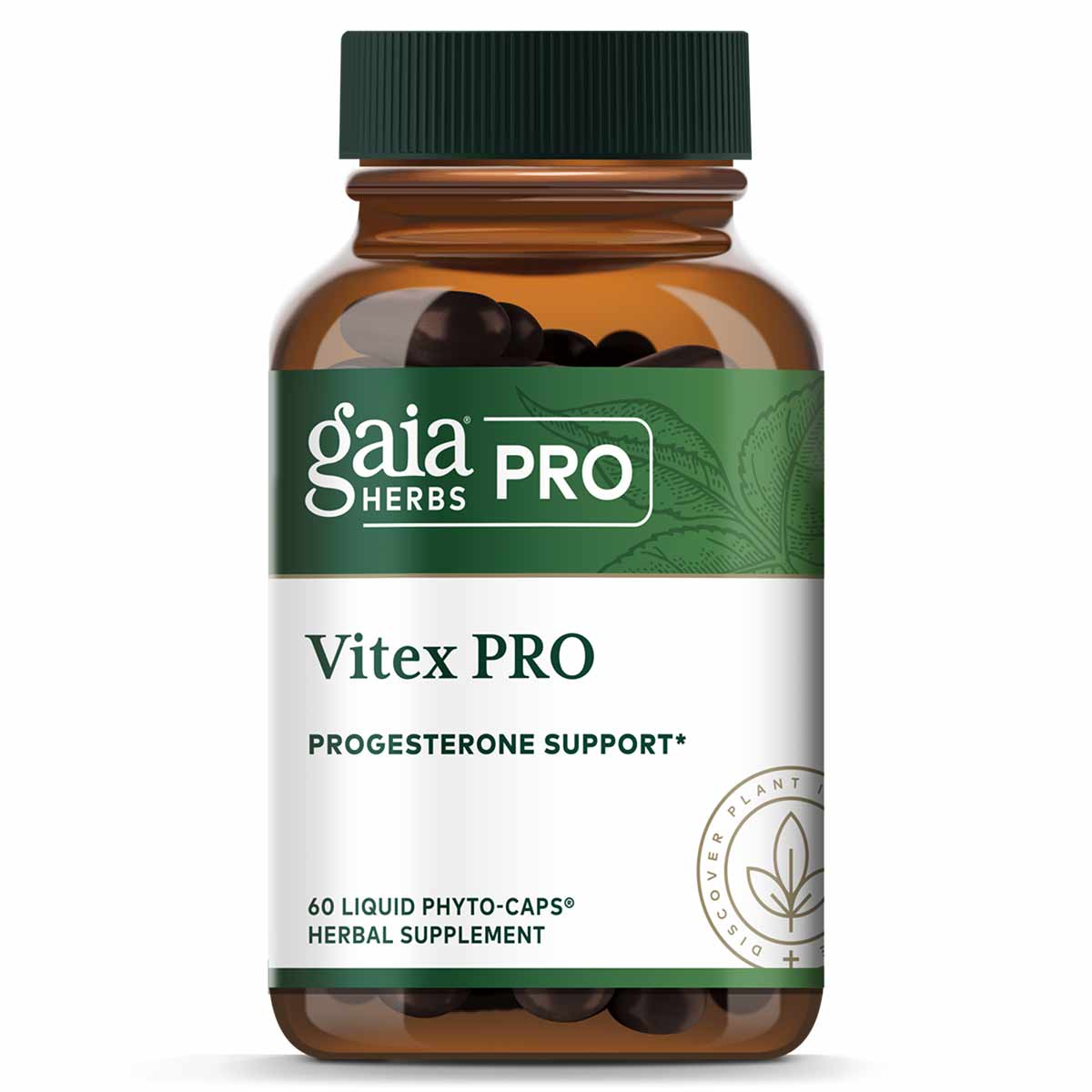 Gaia Herbs Pro Vitex PRO bottle with green label containing 60 dark liquid phyto-caps.