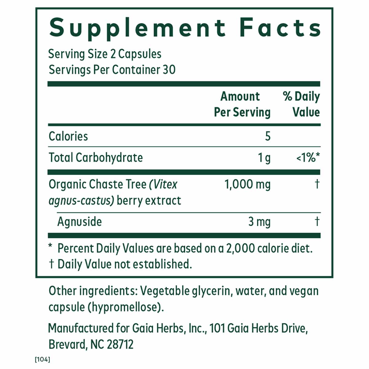 Supplement Facts label for Vitex Progesterone Support showing serving size, ingredients including Chaste Tree berry extract, 