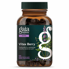 Amber glass bottle containing 120 dark liquid phyto-caps with green cap and teal label showing Vitex Berry by Gaia Herbs.