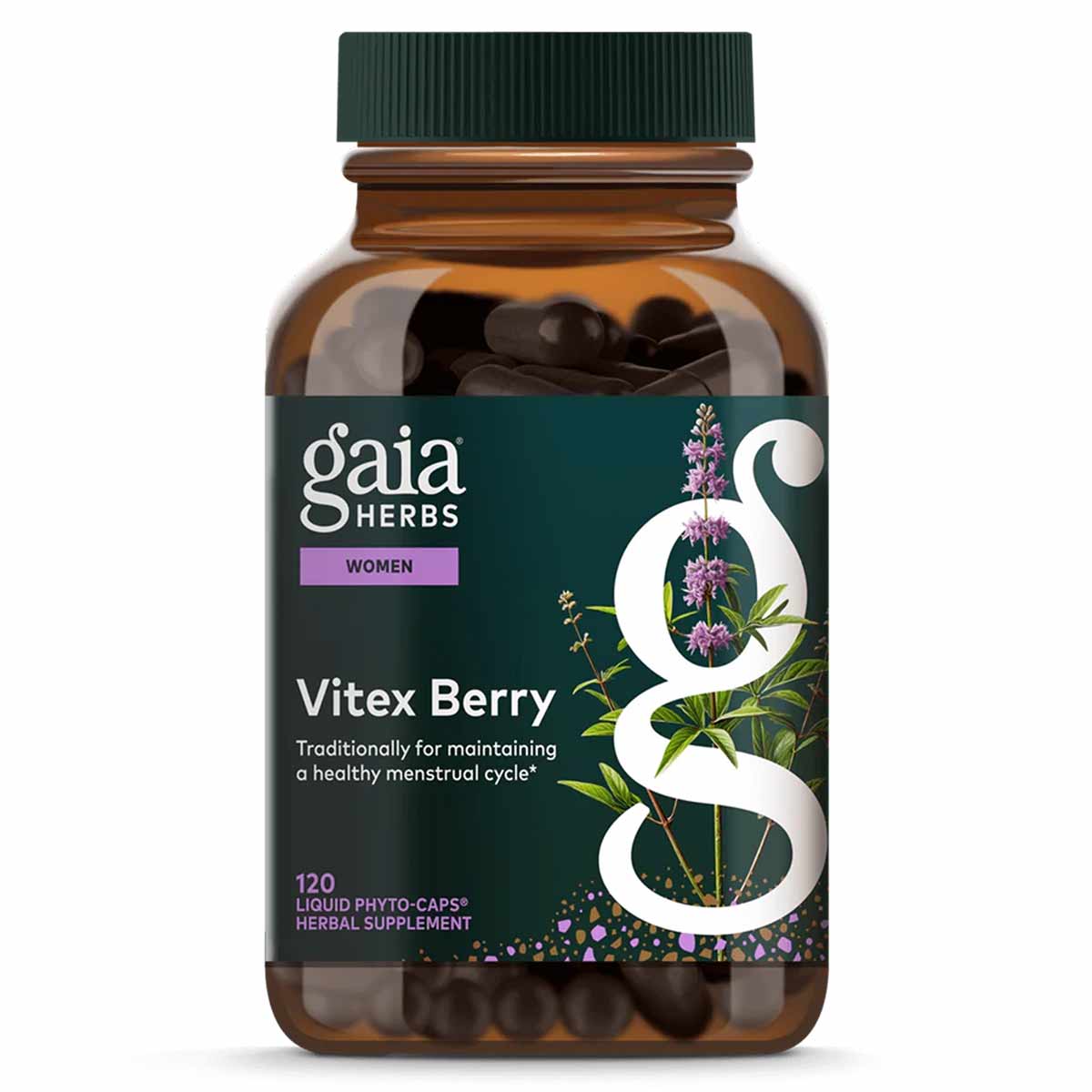 Amber glass bottle containing 120 dark liquid phyto-caps with green cap and teal label showing Vitex Berry by Gaia Herbs.