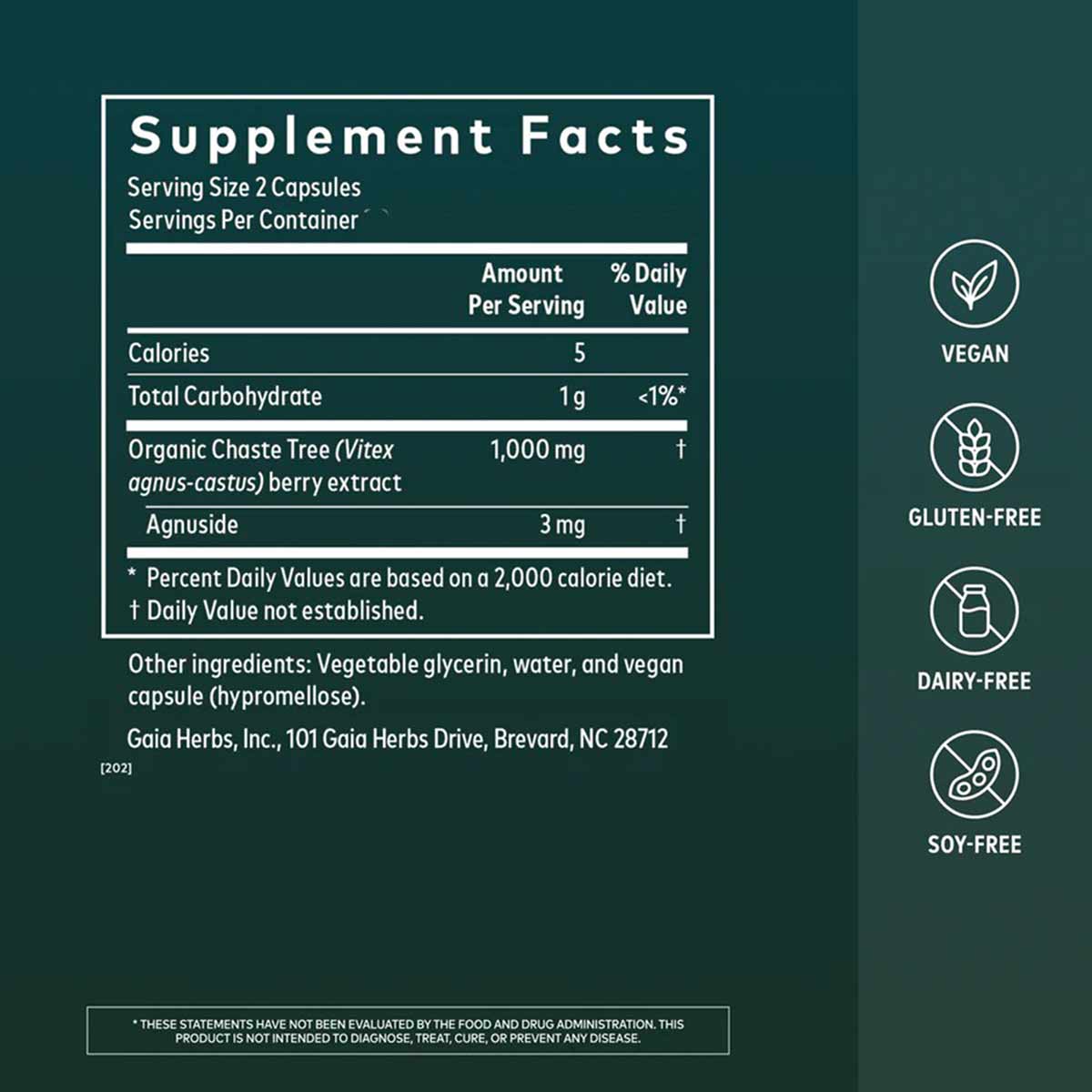 Supplement Facts label for Vitex Berry capsules by Gaia Herbs with vegan, gluten-free, dairy-free, and soy-free certification