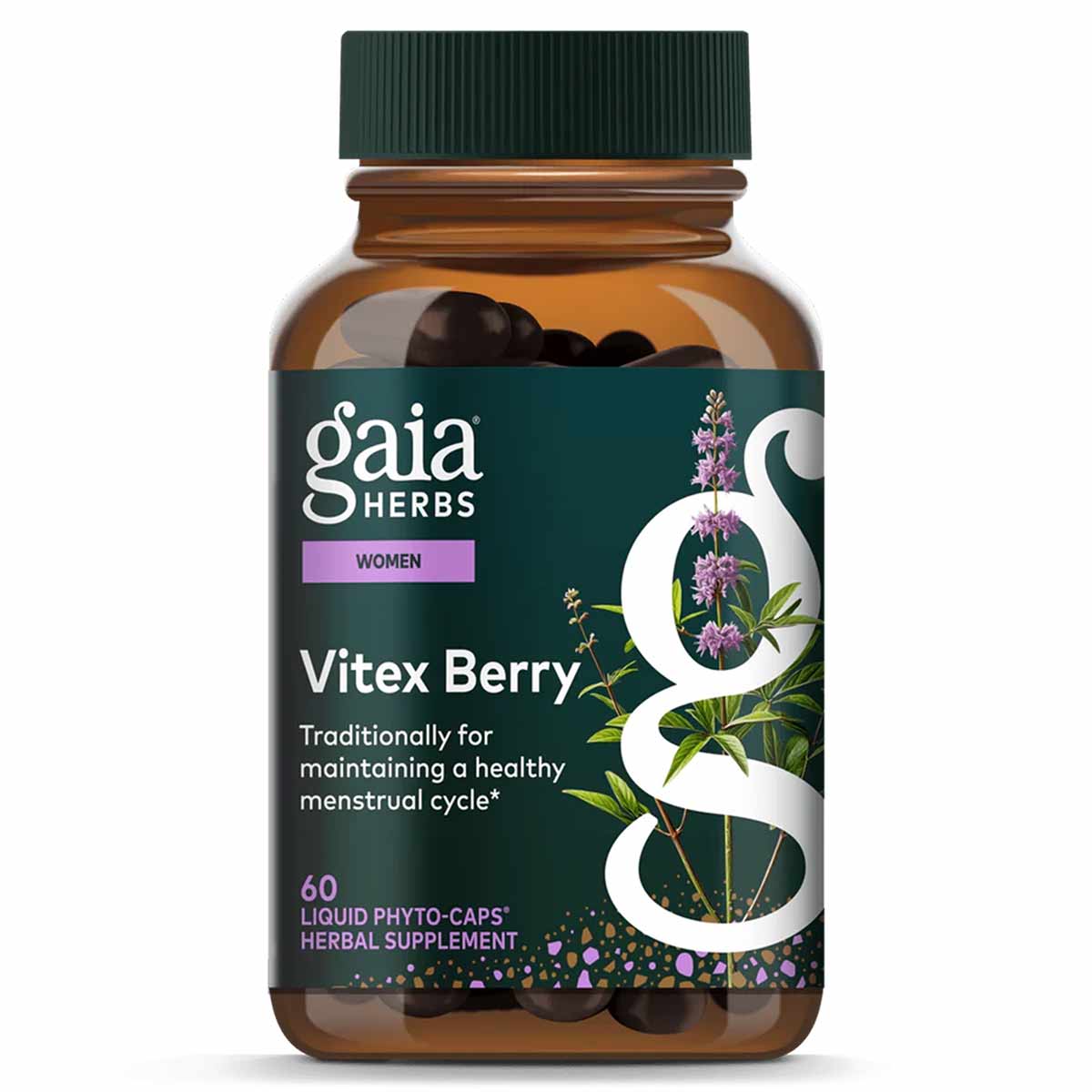 Gaia Herbs Vitex Berry bottle with green cap containing 60 dark liquid phyto-caps herbal supplement.